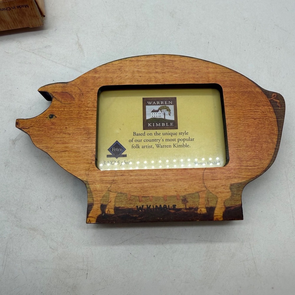 Warren Kimble American Pig Folk Art Wood Picture Frame‎ 3.5x2.5 primitive rustic